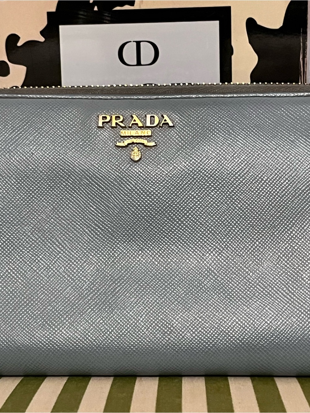 Prada Zip-Around Saffiano Wallet in Steel Blue with Gold Logo - Picture 2 of 11